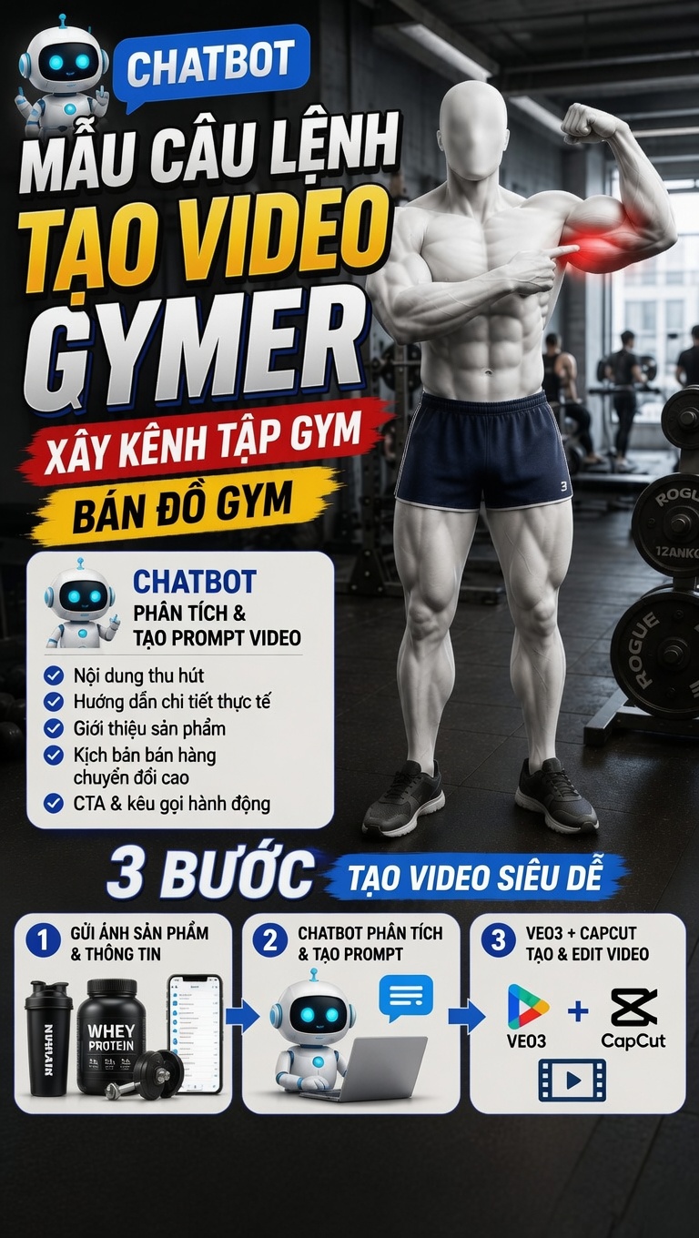 Mẫu câu lệnh ( prompt) -Tạo video Gymer xây kênh tập Gym - bán đồ Gym .