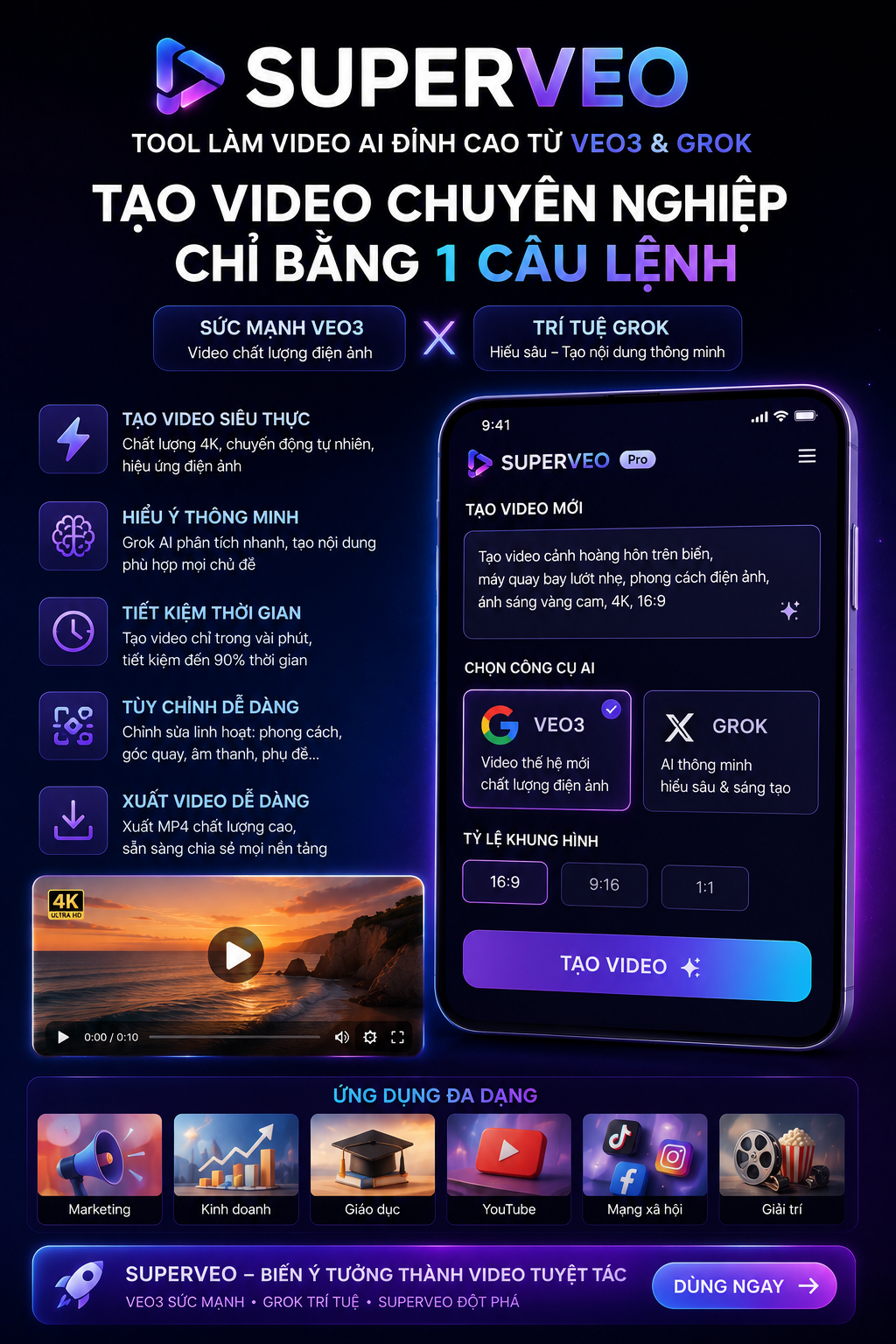 TOOL TẠO VIDEO VỚI VEO3 VÀ GROK CÙNG RẤT NHIỀU TÍNH NĂNG HẤP DẪN