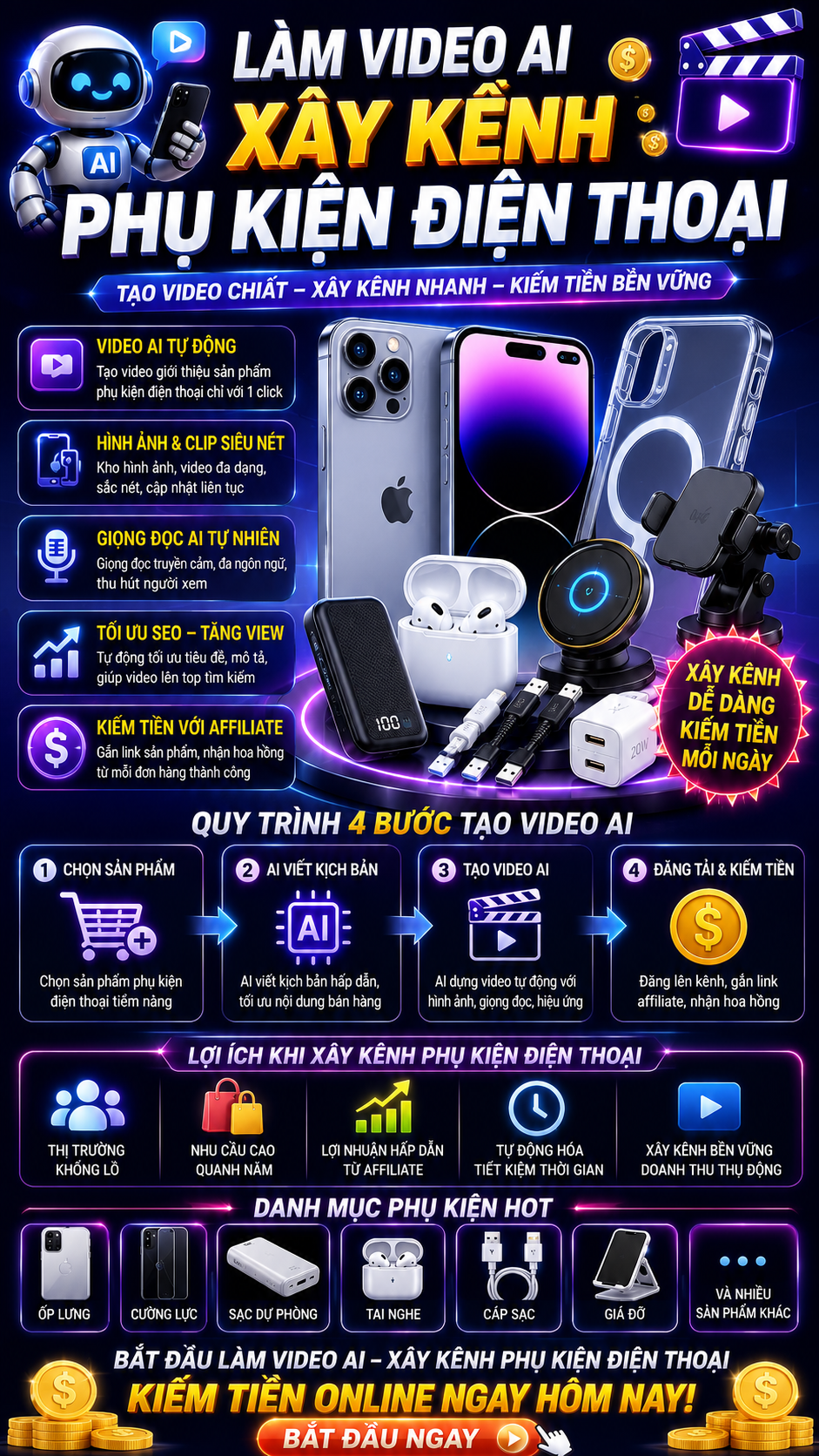 Mẫu Làm Video AI Xây Kênh Phụ Kiện Điện Thoại  Làm Affiliate