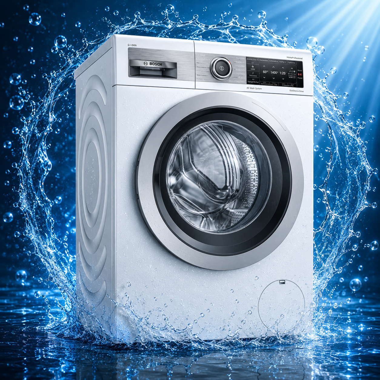 Tạo ảnh quảng cáo sản phẩm máy giặt trên nền nước phản chiếu kèm dải nước uốn lượn