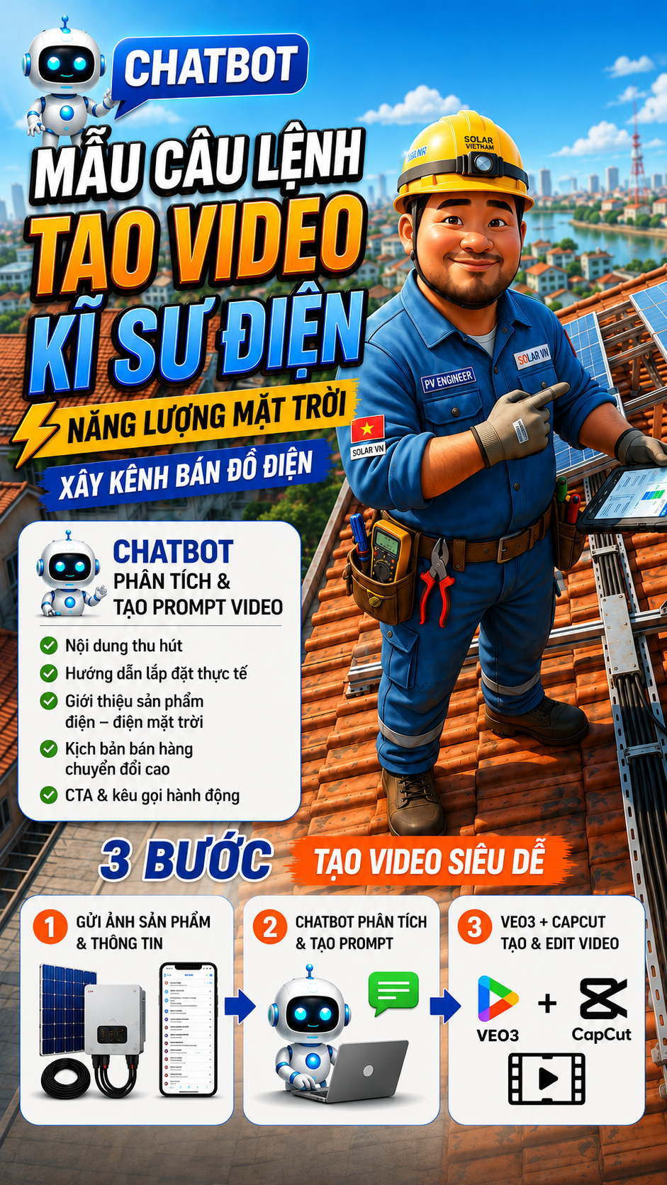 Mẫu câu lệnh (prompt) - Cách tạo video kĩ sư điện năng lượng mặt trời - xây kênh bán đồ điện